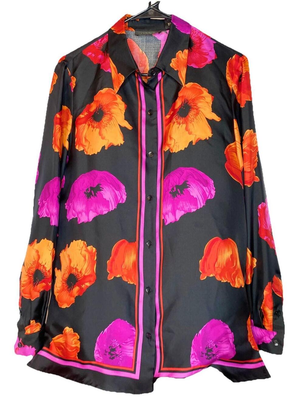 Dana Bachman 1980s Hot Pink And Orange Poppy Silk Foulard Blouse Women Size 10